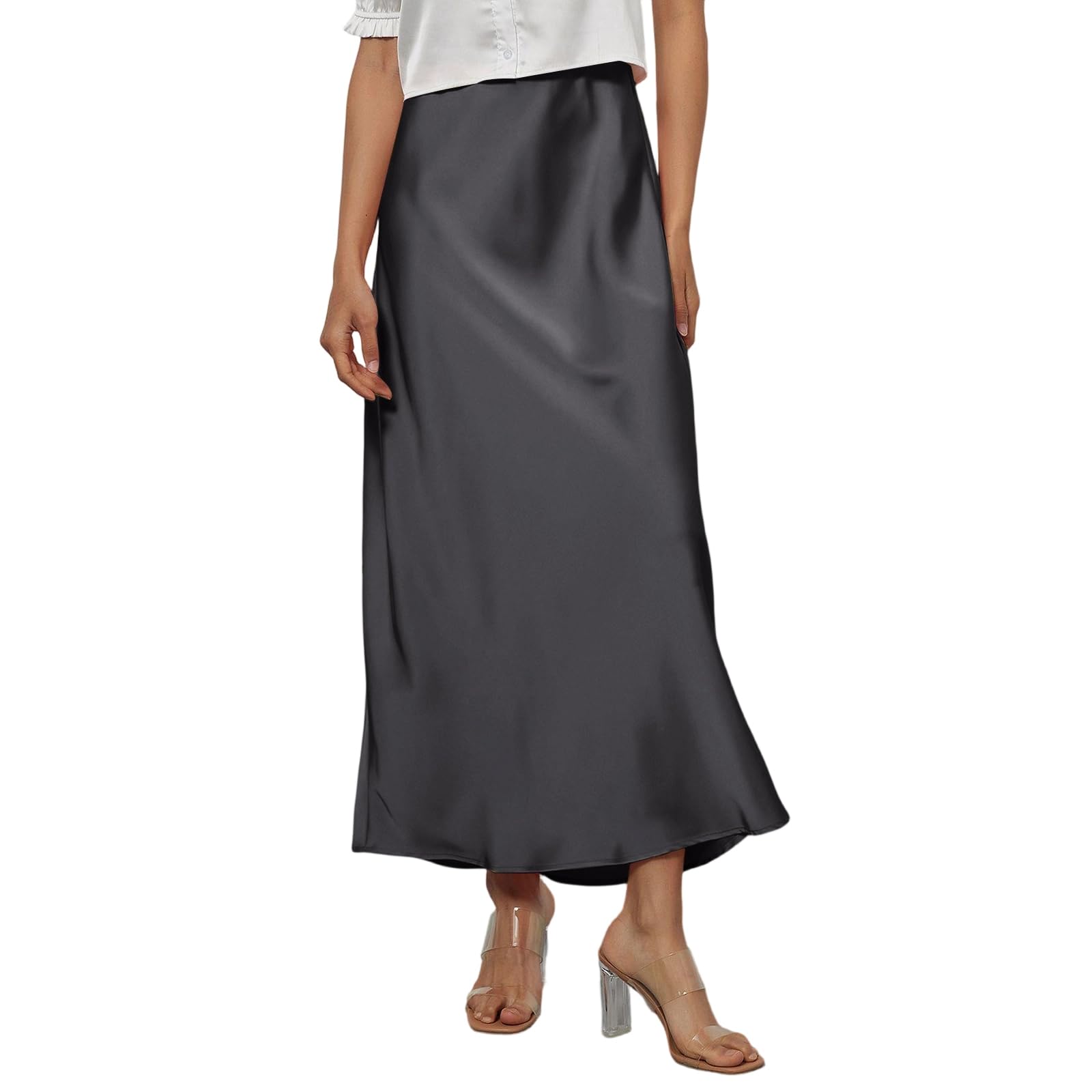 Gumipy Womens Skirts Spring Summer 2026 Satin Maxi Skirt Trendy High Waisted Flared Long Skirts Elegant A Line