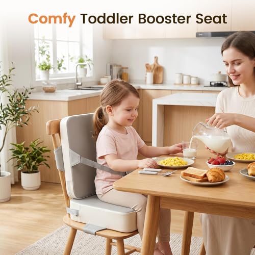 Image of Booster Seat for Kitchen Chair for Toddlers | Toddler Booster Seat for Dining Table with Backrest & Adjustable Straps, Non-Slip Portable Travel Cushion, Gray White