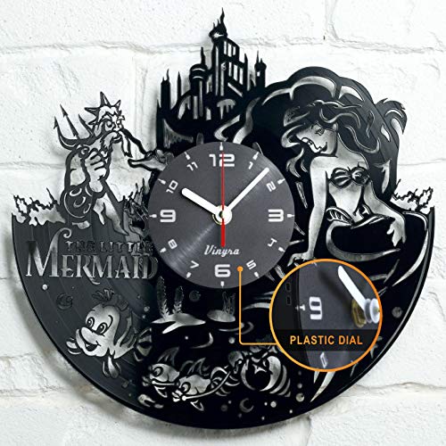 Vinyra Vinyl Wall Clock compatible with Disney Little Mermaid Ariel Themed Home - Gift Set Idea for Kids, Adults, Girls, Women - Nursery Teen Kids Room Wall Art Vintage Decor 12” LP Record Clock Black