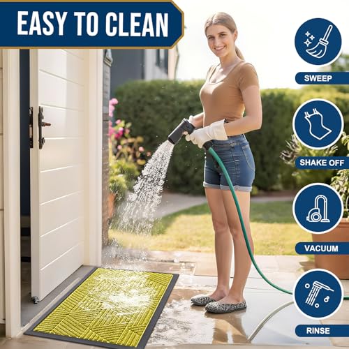 Image of Smiry Front Door Mat Outside Entrance, Low Profile Rubber Doormat, 29.5x17 | Irregular Triangle, Must- Yellow, Sturdy Heavy Duty Mat Trap Dirt and Moisture, Easy Clean for Indoor Outdoor Entry