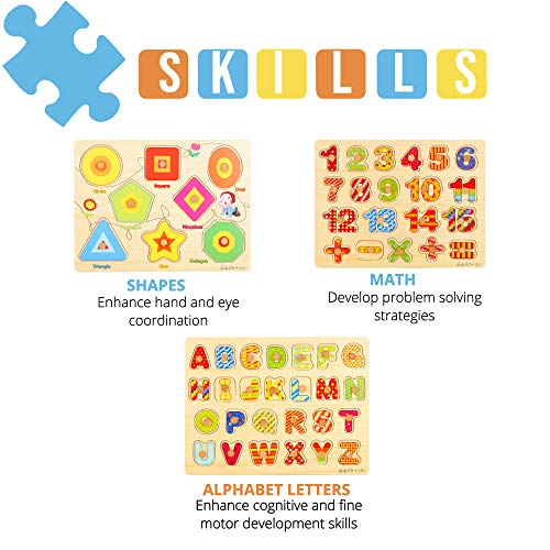Wooden Peg Puzzles for Toddlers – (Pack of 3 with Stackable Learning Clock) Educational Preschool Puzzles for Toddlers 1 2 3 Year Old Kids Boys Girls Babies 12 18 36 Months Children Math Learning Set