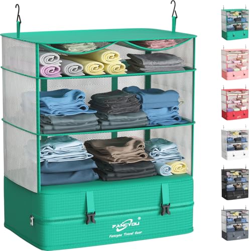 FANCYOU Suitcase Organizer Hanging Packing Cubes Portable Closet Shelves Compressive Travel Luggage Essentials 17"x12"x24" 3 Shelves & 1 Closet Extendable Organizer (Green)