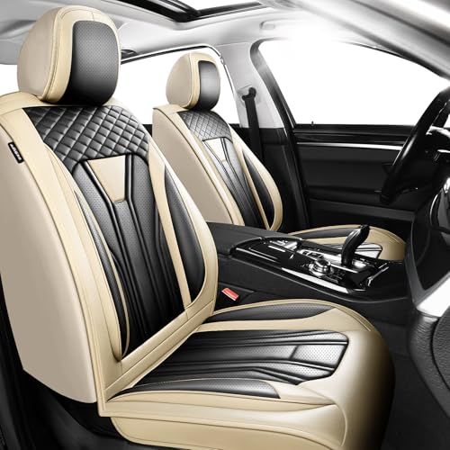 Image of Car Seat Covers Compatible with Chevy Equinox 2011-2026, Premium Leather Breathable, Wear Resistant, Airbag Compatible, All-Weather Protection & Full Coverage, 2 Front Seat Beige&Black