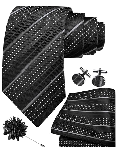 Image of GUSLESON 3.15 inch（8cm） Mens Stripe Tie and Lapel Pin Necktie Hankerchief Cufflinks Set for Men