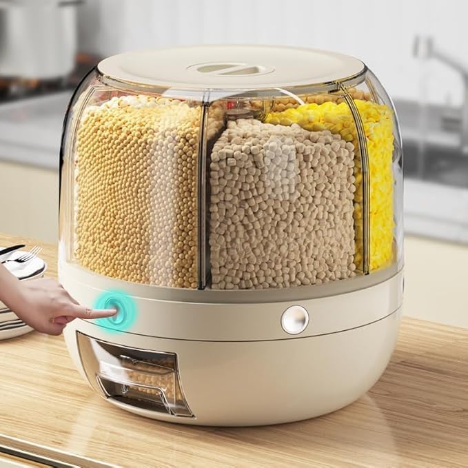 Image of Rotating Rice and Grain Dispenser with Lid for Kitchen - Modular Storage Container for Dry Food, Dal, Cereal, Flour - Plastic Pantry Organizer Jar Dabba for Home, Pulses Box for Kitchen Use (Cream)