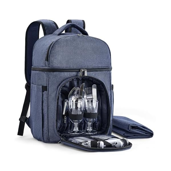 Picnic Backpack & Accessories – Insulated Picnic Set for 2 Person with Dual Compartments, Lightweight Blanket, Cutlery Set, for Newlyweds and Couples Gifts Blue