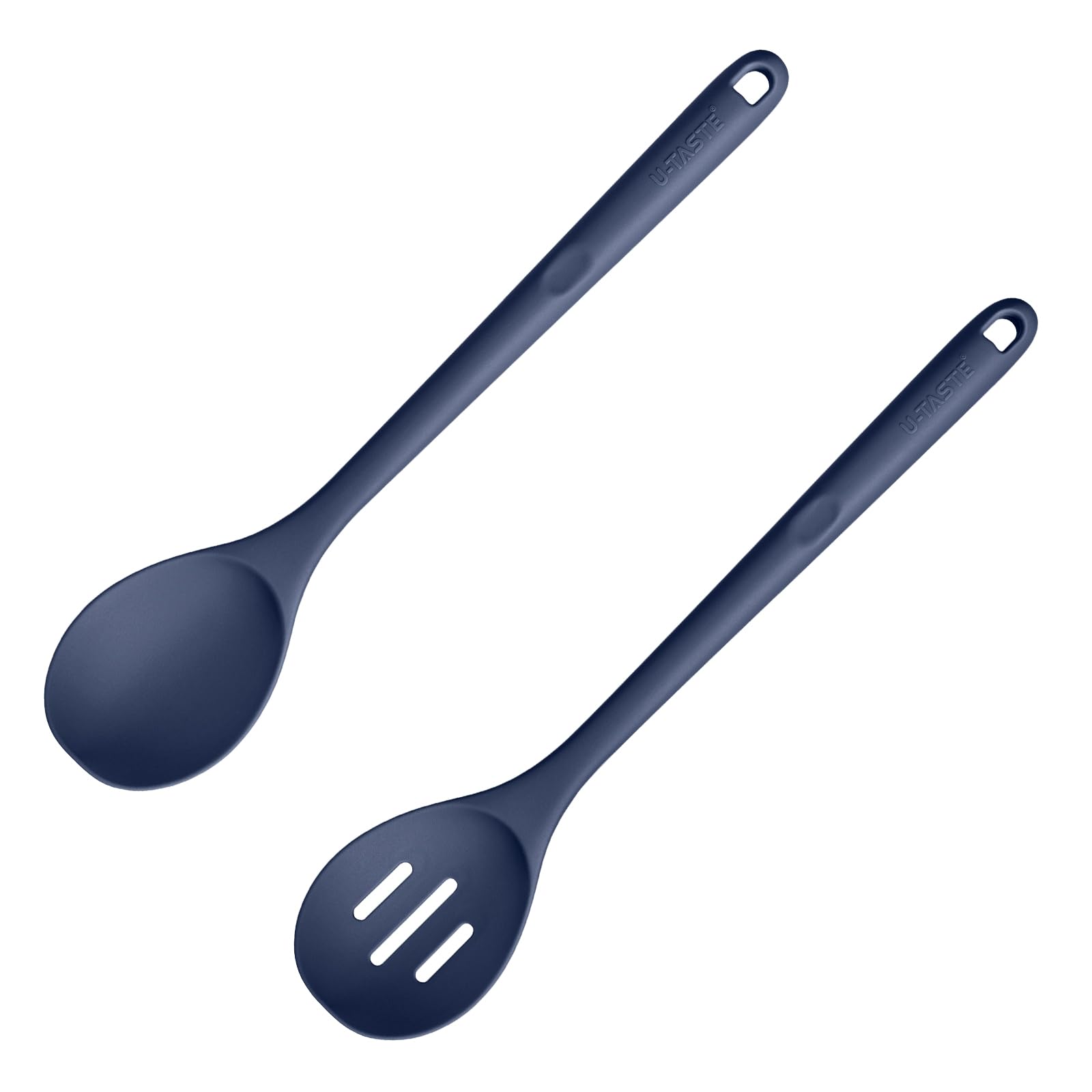 600℉ Heat Resistant Silicone Solid Spoon and Slotted Spoon Pack of 2: U-Taste 13.35in Kitchen Nonstick BPA Free Large & Long Soup Rubber Cooking Utensil for Mixing in Pot Cookware (Midnight Blue)