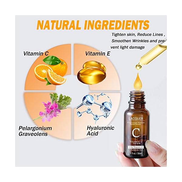 Lacquer, Vitamin C Serum for Face with Hyaluronic Acid + Vitamin E - Natural Organic Anti Wrinkles and Fine Lines Vitamin C Serum- Anti Aging Facial Skin Serum 1 fl oz, 1 Fl Oz (Pack of 1)