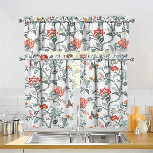 Image of Floral Kitchen Curtains 3 Piece Set Tier Valance Window Decor