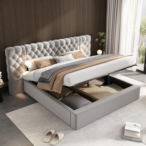 Ymkua Polsterbett 140x200 Mit Stauraum & LED - Hydraulisches Stauraumbett Mit USB-Ladefunktion