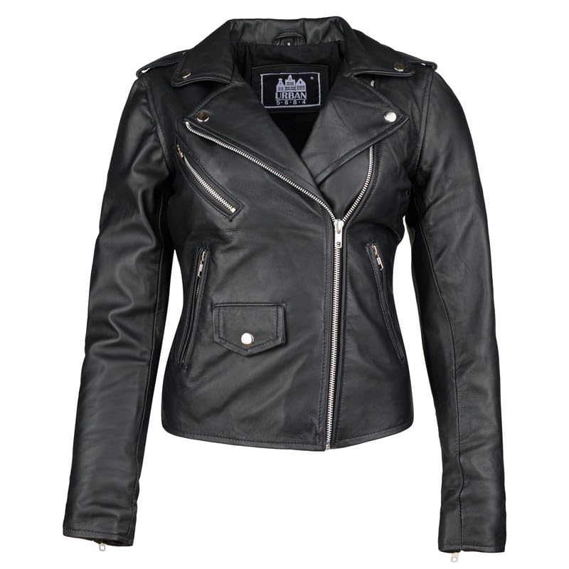 URBAN 5884 Damska kurtka skórzana z prawdziwej skóry jagnięcej, kurtka motocyklowa Amy Slim Fit, asymetryczny zamek błyskawiczny, miękka skóra, czarna, czarny, 5XL