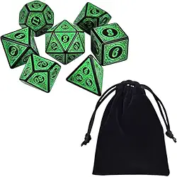 Kit 7 Dados Rpg Verde Runas D&d Boardgames Jogos de Mesa D4 D6 D8 D10 D10% D12 D20 + Bolsa de Veludo