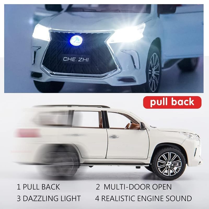 Image of Kids Model 1:24 Lx570 Die Cast Metal Car Pull Back Action Opening Doors with Realistic Engine Sound Lights Toy Car Gift for Boys - White