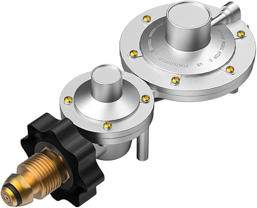 AJinTeby Horizontal Two-Stage Propane Regulator with POL Tank Connection and 3/8" Female NPT Outlet, Double Stage Regulator Work on 20-100lb Tank, Gas Grill, RV, Propane Heater