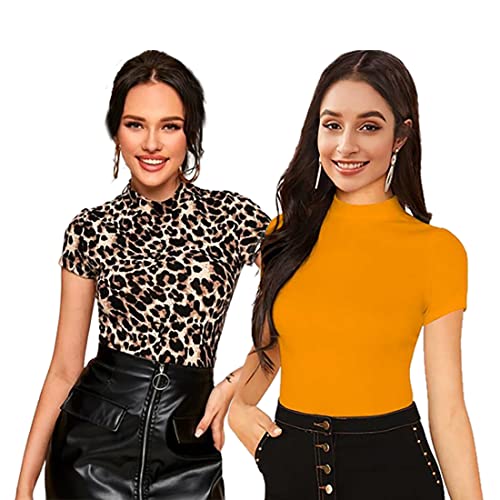Image of Dream Beauty Fashion Women's Half Sleeve Round High Neck Top Elegant Casual Tee, Pack of 2-23 inch inches (Combo-Tripta Tiger)