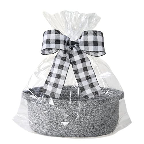 Image of Small Woven Gift Basket Empty with Bag & Ribbon, Storage Basket for Father's Day for Dad, Baby Shower, Raffle, Birthday, Cute Organizer with Handles, 12 inchx8 inchx5 inch, Gray /Black Check