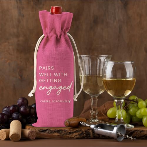 Image of Engaged Engagement Gifts for Couples Her Engagement Party Decorations | Engaged Wine Bag for Couple Women Pairs Well with Getting Engaged Wine Accessory Sets Pink