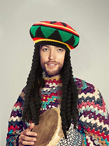 SATINIOR Rasta Hat with Black Dreadlocks Wig Rasta Wig with Dreads Funny Hat, 1 Piece, Size 17. 34