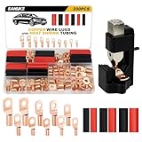 Sanuke 200PCS Battery Cable Ends with Hammer Lug Crimper Tool&Heat Shrink, AWG 2 4 6 8 10 12 Copper Ring Terminals Connectors 80PCS Copper Cable Wire Lugs&120PCS Heat Shrink Tubing Crimping Tool Kit