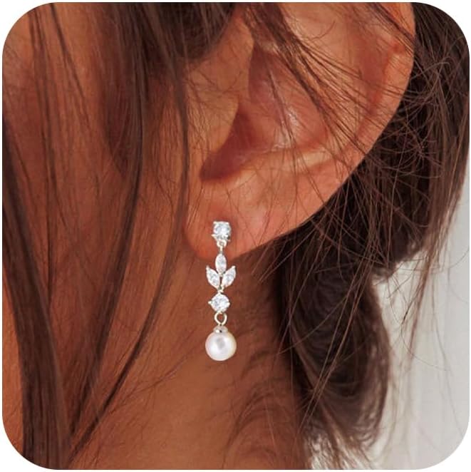 Pearl Dangle Earrings for Women, Dainty Wedding Bridal Earrings 14k Gold Plated Pearl Drop Earrings for Women Trendy Long Pearls Earrings Fashion Formal Prom Jewelry Gifts for Women