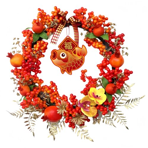 KazeSoリース お正月リース お正月飾り 花輪 新居祝い 正月飾り 玄関リース 春節 飾り 春祭り 辰年 縁起物 装飾 豊作祈願 繁栄祈願 雰囲気 飾り付け 中華風 新年を迎える 旧正月ガーランド LEDライト付き 吊り下げ飾り オーナメント 旧暦の花