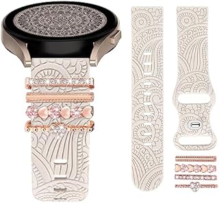 TOYOUTHS Floral Gravierte Armband mit Dekorative Charme kompatibel mit Samsung Galaxy Watch 6/Watch 5/Watch 4 40mm 44mm, 20mm Frauen Boho Sport Silikon Armband für Watch 6 Classic/Active 2