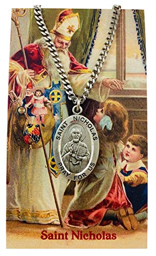 Westmon Works Saint Nicholas Pewter Medal on a Stainless Steel Chain with Holy Card Real Santa Boxed Set