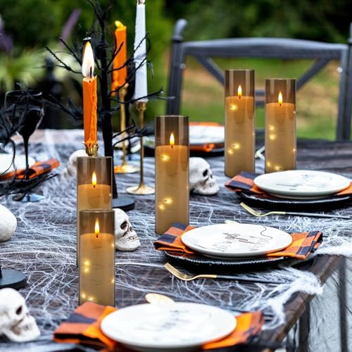 Image of YOROXRG Flickering Flameless Candles Battery Operated with Remote,Led Pillar Candles with Realistic Moving Wick Candles for Halloween,Christmas,Home Decor Pack of 12 (D2.2 xH 5 inch 6 inch 7 inch)(Grey)