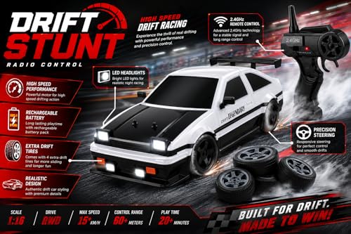Image of 1:16 RC Drift Car, 2.4GHz Remote Control Racing Car with LED Lights, Rechargeable Battery, USB Charging, 4 Spare Drift Tires, High Speed Toy for Kids, Boys & Girls