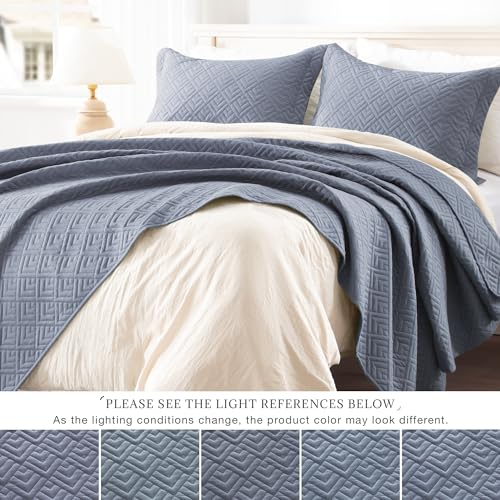 EXQ Home Quilt Set King Size Blue 3 Piece, Lightweight Soft Coverlet Modern Style Squares Pattern Bedspread Set for All Season(1 Quilt,2 Pillow Shams)