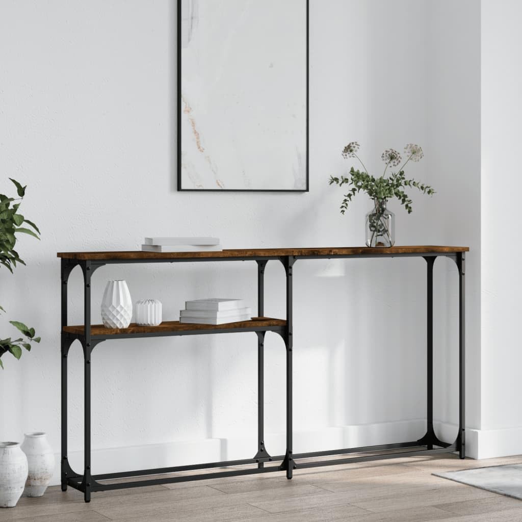 SXZenSpace Console Table Smoked Oak 145x22.5x75 cm, Slim Hallway Sideboard with Metal Frame, Modern Sofa or Entryway Occasional for Living Room, Corridor and Bedroom