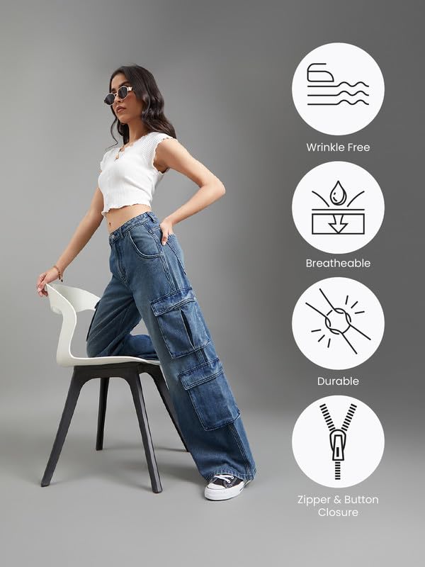 Image of GO COLORS Mostlysane Collection Denim Cargo Pant for Women | Breathable, Mid Rise, 8 Pockets