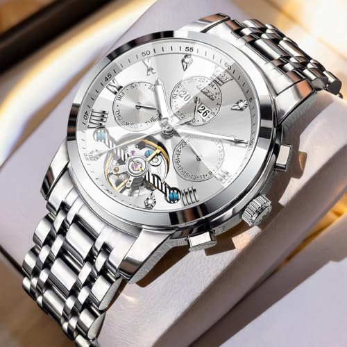 Image of OLEVS Men's Automatic Watch Batteryless Waterproof Mechanical Self Winding Stainless Steel Dress Luxuxry Wrist Watch with Tourbillon, Day-Day-Year & Chronograph Gift for Him Relojes de Hombres