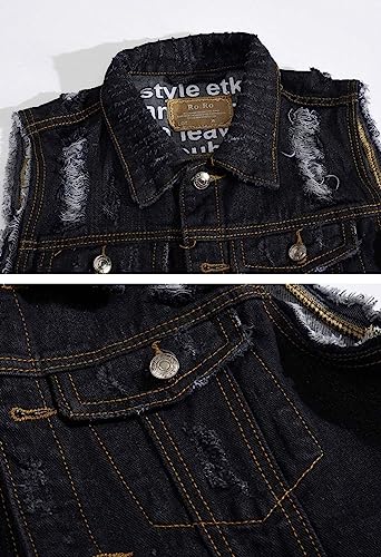 Image of ebossy Men's Ripped Distressed Denim Vest Sleeveless Button Up Jean Vest Jacket