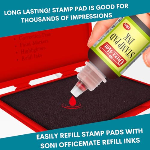 Image of Soni OfficeMate 15ml Stamp Pad Refill Ink - Red | Easy-to-Use | Long-Lasting Impressions, Quick-Drying, Smudge-Free | Ideal for Office, School, Craft & DIY Use | Pack of 10