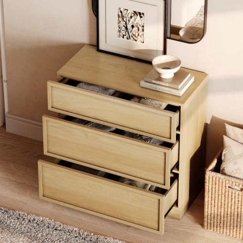 Image of WAMPAT Wided Nightstand with 3 Drawers, Modern Tall End Table with Large Storage for Bedroom, Bedroom Wooden Side Table and Closet Organizer, Oak, 2 Pcs