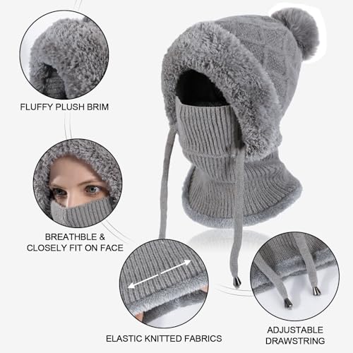 TAGVO Strickmütze Damen Thermo Winter, 3 in 1 Beanie Mütze Warm Strickmütze & Halswärmer Sets, Multifunktional Verstellbar Sturmhaube Gesichtsmaske mit Dickes Fleece gefüttert für Frauen Outdoor