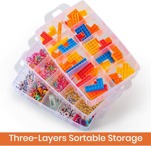 Image of RECLUSE Transparent 3-layer Stackable Craft Storage Containers, Plastic Craft Box Organizer With 30 Adjustable Compartments &Handles, Portable Beads Organizers for Arts Crafts, Toy,Jewellery,tools