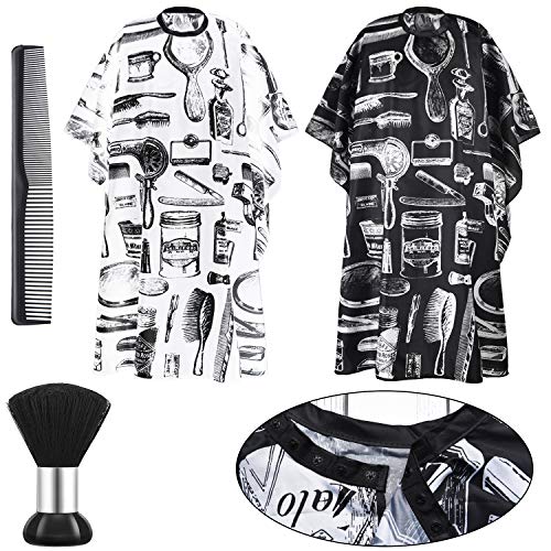 4 Pieces Professional Barber Cape with Snap Closure Set Hair Cutting Salon Cape Hairdressing Gown Apron Dressing Hair Comb and Hair Sweep Brush Neck Duster for Hairdressing Supplies (White, Black)