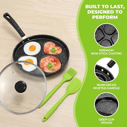 Image of Hiceeden Nonstick Egg Frying Pan with Lid, 4-Cup Egg Pan Fried Egg Cooker, Round Pancake Pan with Brush and Spatula for Breakfast, Induction & Gas Stove Compatible