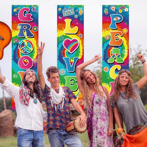 Image of Chiisong 3 Pieces 60s Party Decorations Groovy Love Peace Banners Hippie Porch Signs 1960s Hanging Wall Decor for Retro 60s Theme Party Scene Setters Photography Backdrop Decorations Supplies