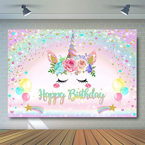 Avezano Rainbow Unicorn Backdrop Pink Happy Birthday Party Decorations For Girls Watercolor Floral Glitter Stars Dots Unicorn Cake Table Banner Supplies (7X5Ft) #TOP2