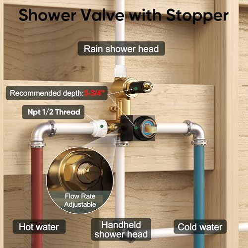 Set de grifería para ducha Esnbia, sistema de ducha negro con cabezal de lluvia de 10 pulgadas y rociador manual, kit de válvula 2 vías, acabado negro mate miniatura 7