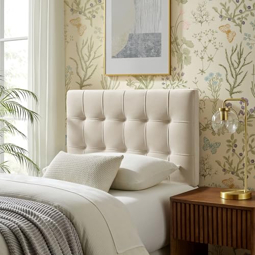 Image of Modway Lily Twin Size Stain-Resistant Performance Velvet Headboard in Alabaster - Velvet Upholstery with Button Tufting and 4 Adjustable Height Positions