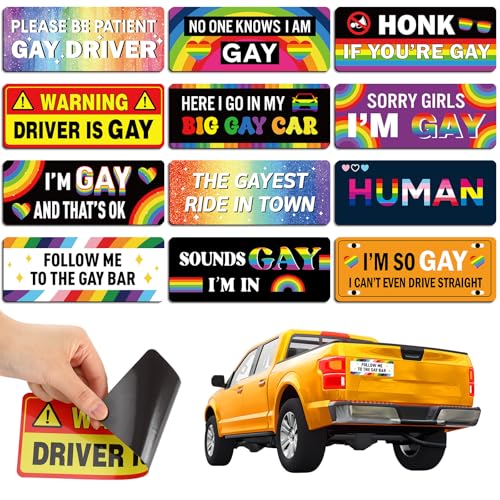 Image of 12 Pcs Gay Pride Funny Magnet Bumper Sticker LGBT Rainbow Pride Prank Magnetic Sign for Vehicle Truck Reusable Magnet Sticker for Fridge(Bright)
