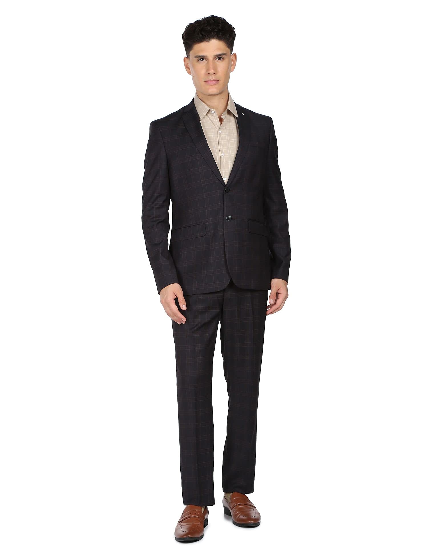 arrow Men Dark Brown Tailored Regular Fit Tartan Check Two Piece Suit-picture-11