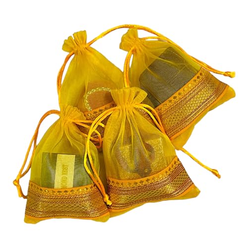 KRIWIN Pack of Thirty Small Size Silk Organza Potli Gift Bags Coin Bags(15 X 10 cm) Drawstring Closure (Yellow) - Image 8