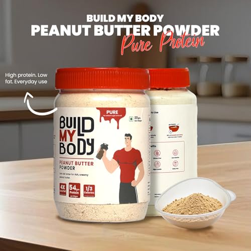 Image of Build My Body | BMB - Pure Peanut Butter Powder | 54g Protein | Makes 500g Peanut Butter Spread | Unsweetened | Unsalted | 100% Natural | 1 /3 Calories | 4x Less Fat | Ideal for Smoothies, Spreads, Baking & Fitness Diets | 227g