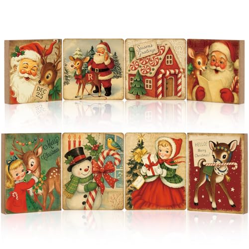 Wenqik 8 Pcs Vintage Christmas Decorations Retro Christmas Wooden Sign Santa Claus Table Centerpiece Elk Cottage Ornaments Farmhouse Xmas Tiered Tray Decor for Home Tabletop Party Supplies, 8 Styles