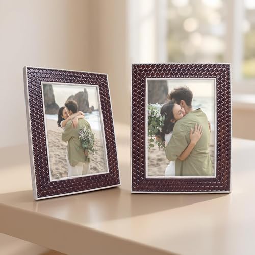 Image of GOLDEN PEACOCK Set of 2 5x7 Inch Photo Frames - Textured Woody Brown Finish | Elegant Tabletop & Wall Hanging Picture Frames for Home, Office & Living Room